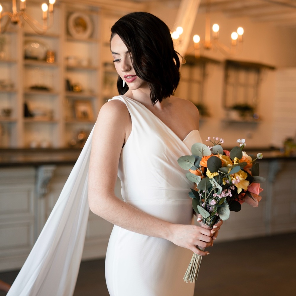 "Marry Me" | One Shoulder Drape Sleeve Wedding Gown